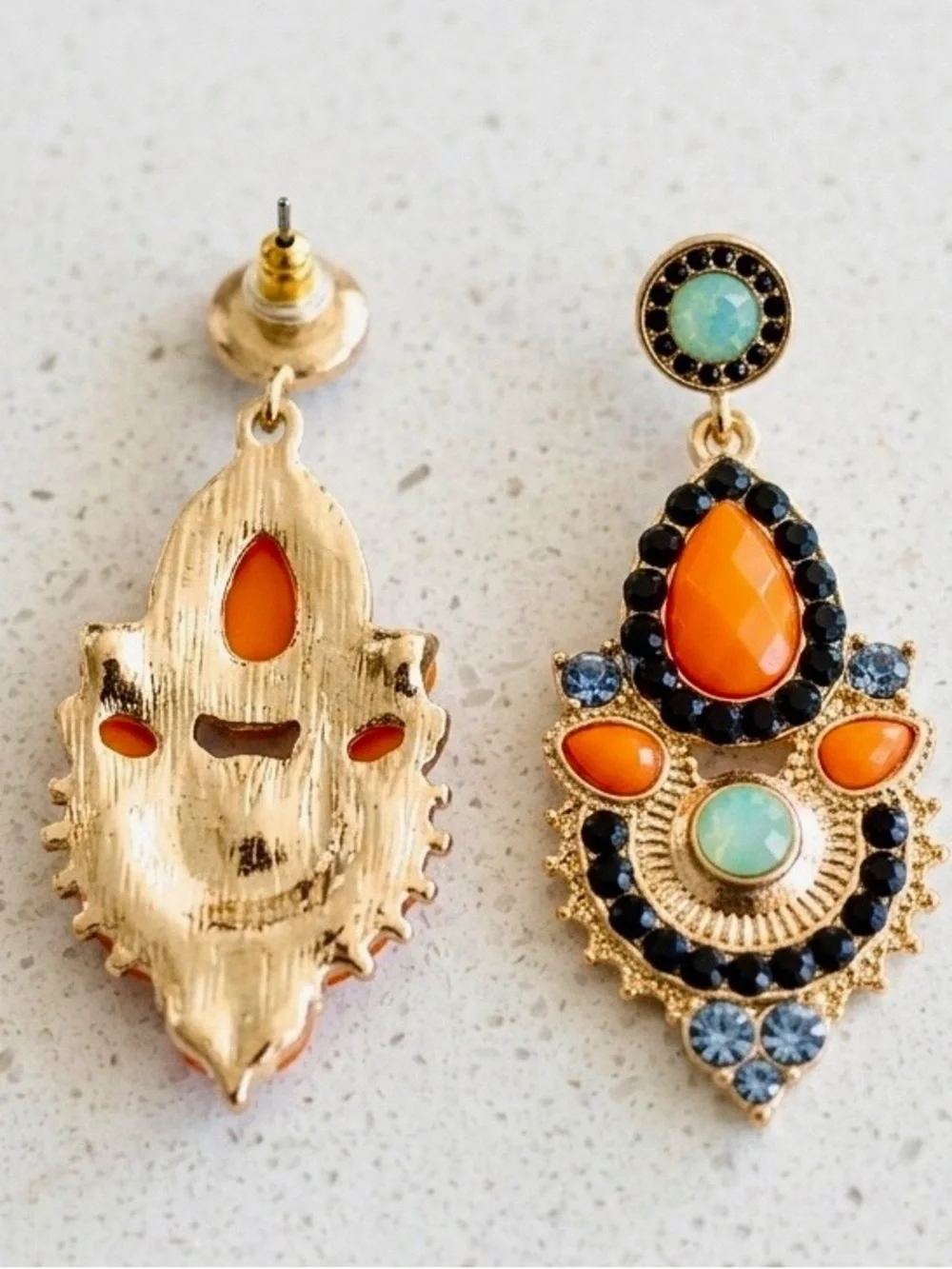 Boho Glam Statement Earrings | Orange, Turquoise & Black Crystal Drop Earrings